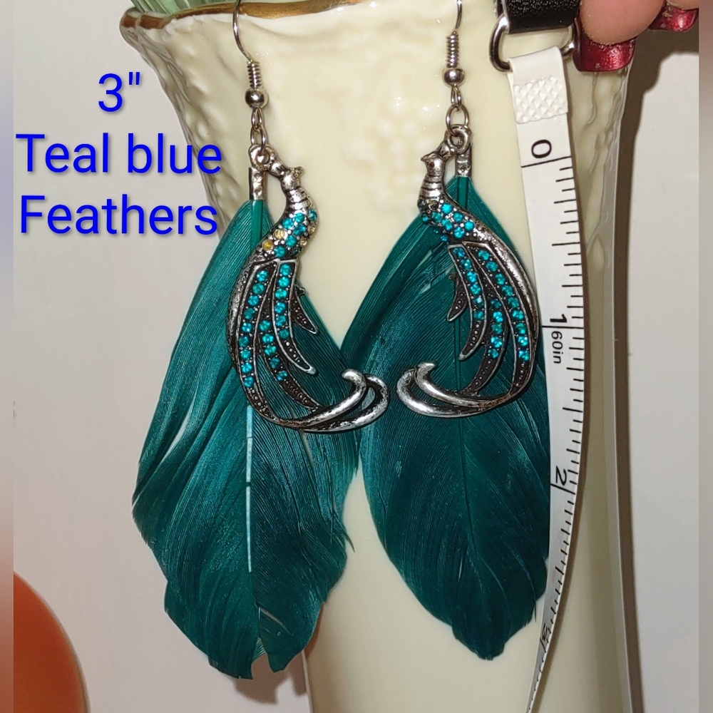 Teal Blue Feather Earrings with Jeweled Peacocks - Picture 4 of 13